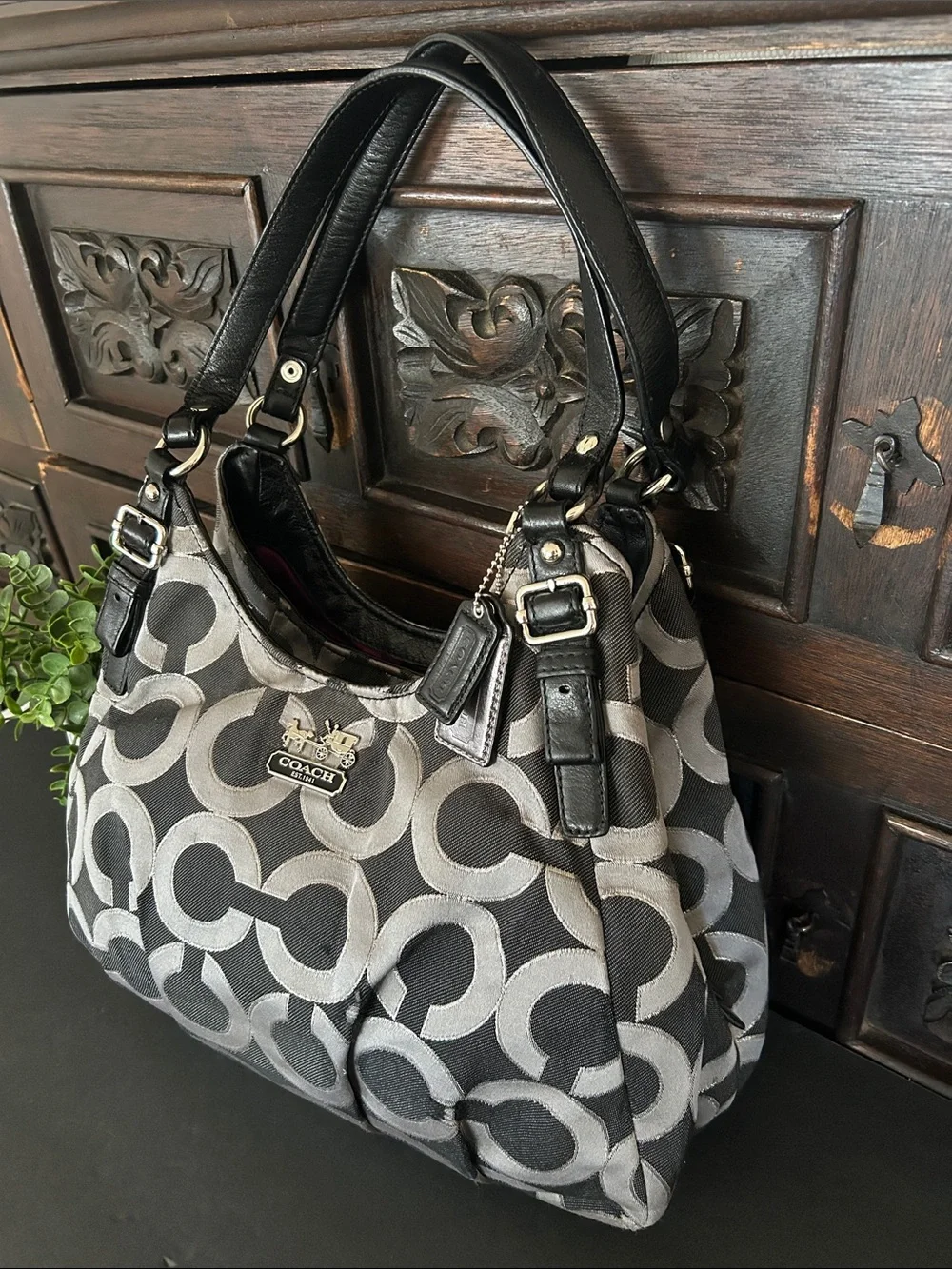 Coach Black & Gray Signature Canvas Shoulder Bag